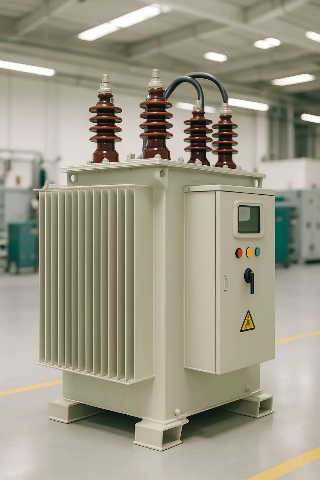 transformador trifásico moderno, distribución eléctrica industrial, subestación de potencia, equipo eléctrico de alta eficiencia