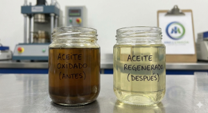 Comparativa visual aceite dieléctrico oxidado vs aceite regenerado por CDA Ingenieros.