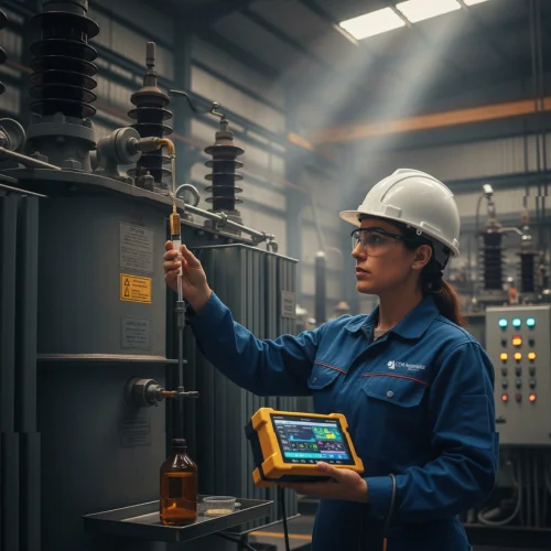 Técnica de CDA Ingenieros, con uniforme azul corporativo y logo, realizando un análisis de aceite dieléctrico en un transformador industrial.