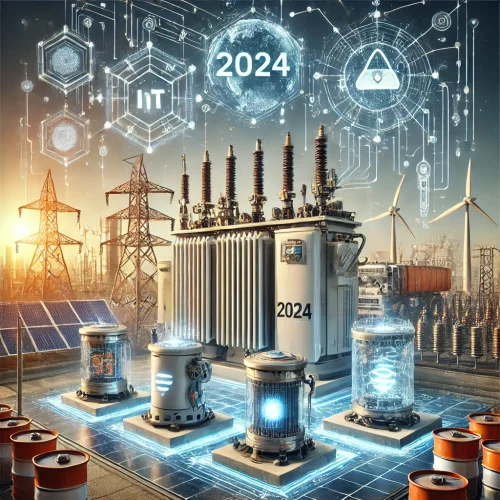 Transformadores eléctricos inteligentes con sensores IoT en un entorno industrial futurista con energías renovables como paneles solares y turbinas eólicas.