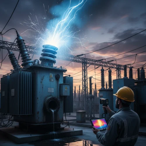 Fallas en transformadores de potencia en una planta industrial de Bolivia con chispas, fuga de aceite y un técnico realizando termografía.