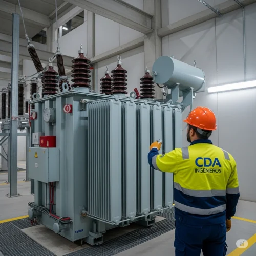 Un técnico de CDA Ingenieros realizando una inspección de un transformador de baja a media tensión en aceite en una subestación eléctrica moderna.