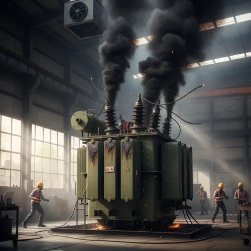 Imagen de transformador botando humo en una empresa, que la decisión reparar o reemplazar transformador